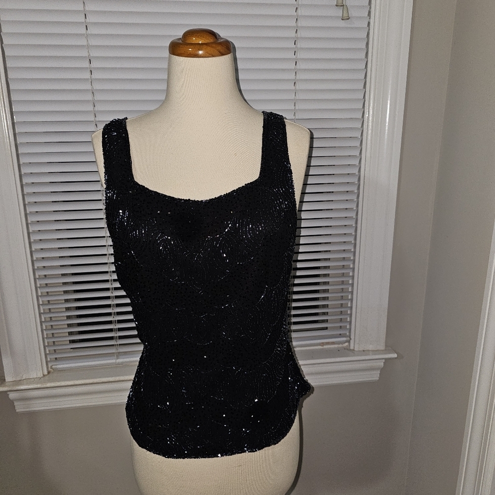 Vintage Dressbarn Collection Black Sequin Beaded Cami Tank Top M